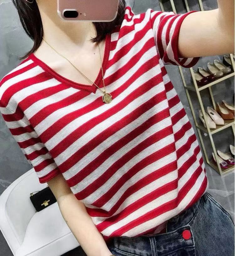 条纹纯棉针织短袖t恤女2025夏季新款v领宽松时尚棉麻上衣冰丝半袖,女装T恤,忠诺羊绒