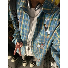 格子长袖衬衫春秋复古休闲宽松运动衬衣潮牌痞帅外套CY1100-P39，男装衬衫，星座412-3