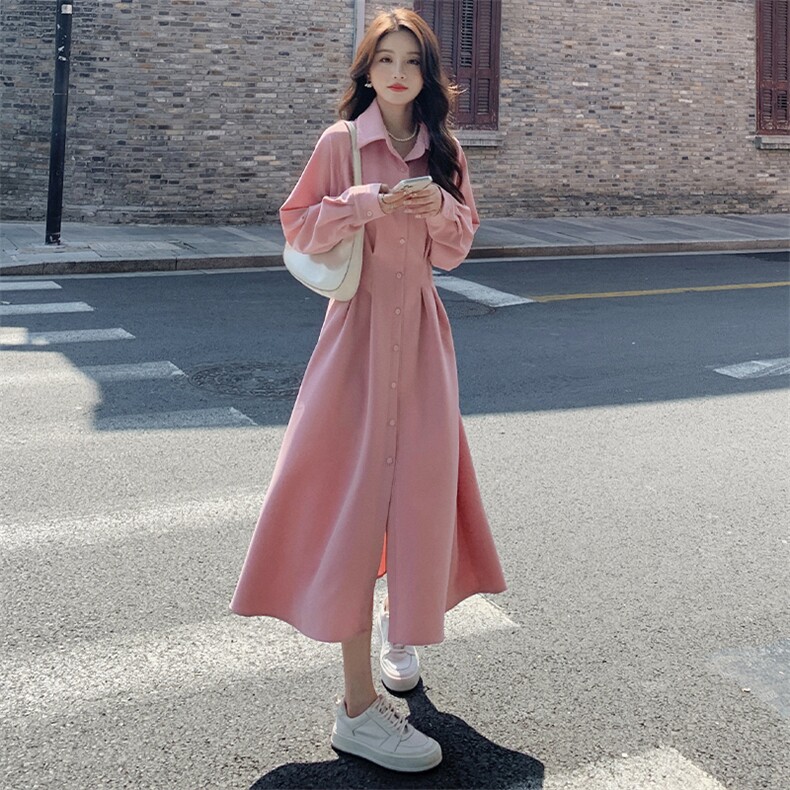 粉色法式长袖衬衫连衣裙女2025春新款今年流行收腰多巴胺穿搭裙子,女装连衣裙,浙宝276（原081）
