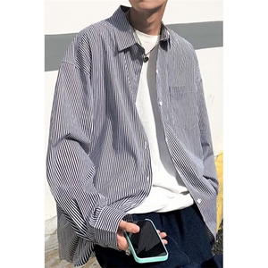 GS05P55日系宽松长袖条纹衬衣男韩版百搭春秋季港风长袖衬衣外套图片