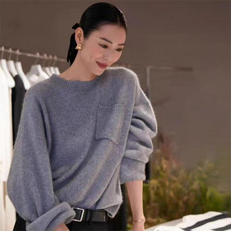 刘雯同款圆领山宽松灰色慵懒风毛衣女冬加厚设计感小众针织衫,女装羊毛衫,锦瑟羊绒