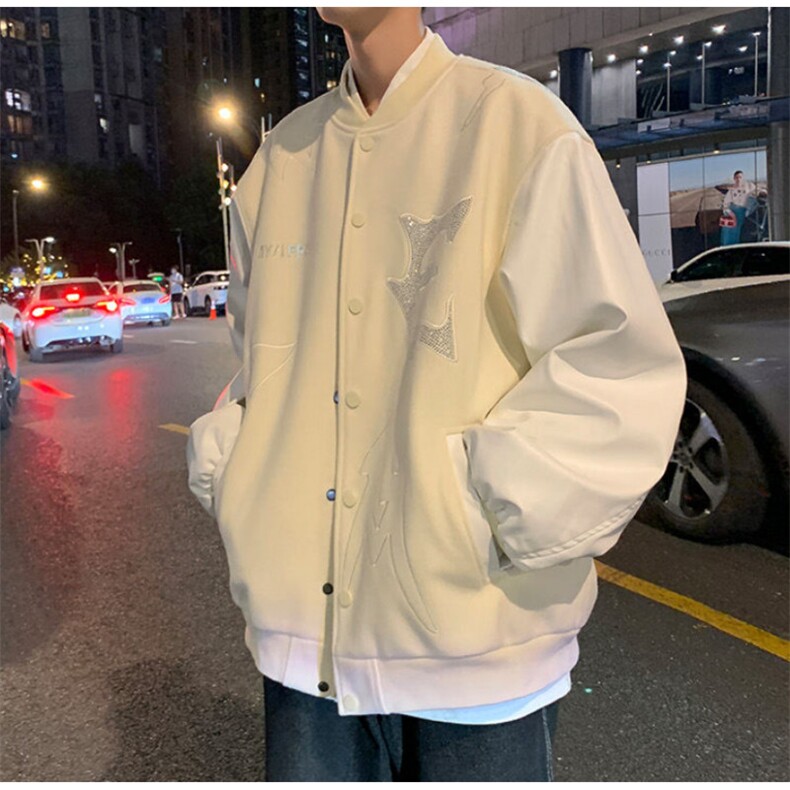刺绣毛呢外套男女高级感痞帅美式复古pu皮拼接棒球飞行员夹克图片