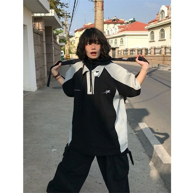 美式polo衫短袖男女夏季撞色拼接情侣T恤半拉链翻领宽松半袖上衣,男装T恤,星座506A