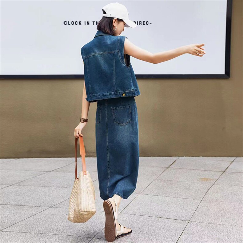 现货古水洗牛仔套装裙女2024年秋装马夹背心直筒半身裙子,女装套装/套裙,江南女神