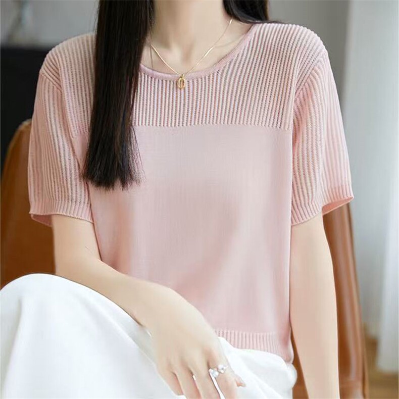 2025夏季镂空抽条短袖t恤女新款打底衫洋气大码女装冰丝针织上衣,女装T恤,萱芳婷羊绒