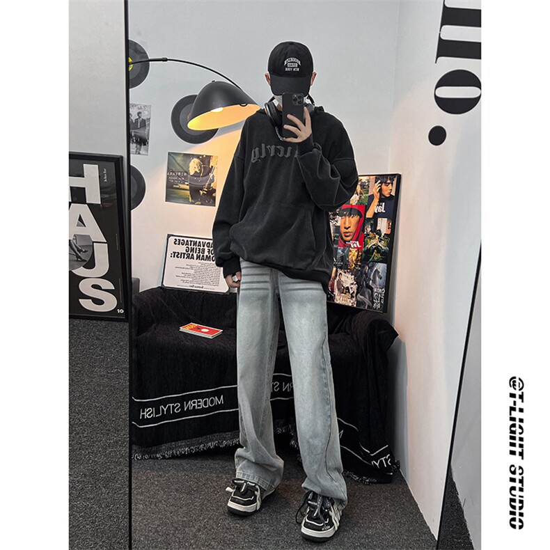 B221美式ins高街暗黑重工艺宽松直筒牛仔裤LK23125-P65控88,男装牛仔裤,电商B221