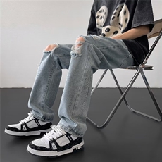 破洞牛仔裤男款潮牌夏季美式高街vibe直筒修身微喇裤休闲裤子，男装牛仔裤，星座601-2