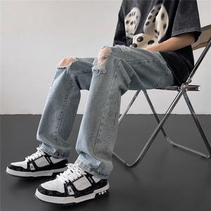 破洞牛仔裤男款潮牌夏季美式高街vibe直筒修身微喇裤休闲裤子图片