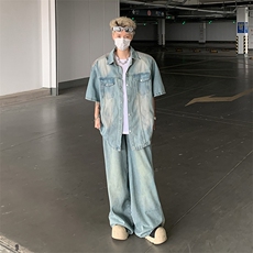 夏款男牛仔短袖衬衫工装大口袋渐变色条纹衬衣有垫肩CS1022P65，男装衬衫，星座1013-1