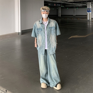 夏款男牛仔短袖衬衫工装大口袋渐变色条纹衬衣有垫肩CS1022 P65图片