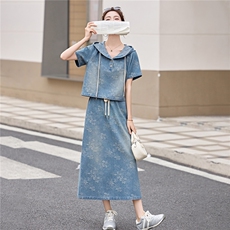 现货牛仔套裙2026年夏季新款女装时尚休闲连帽半裙两件套，女装套装/套裙，关键词