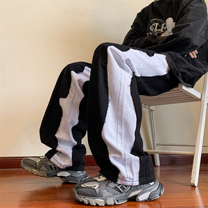 8XL-M 特大码美式高街ins小众vibe鸳鸯黑白拼接直筒牛仔裤K929P60图片
