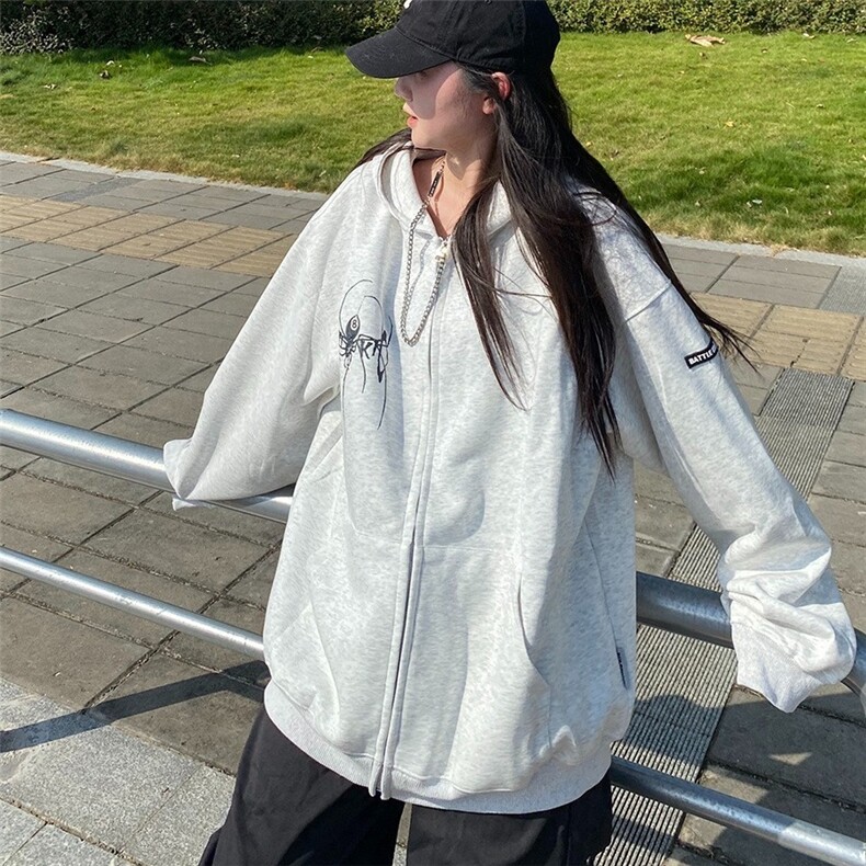 潮流美式街头创意印花开衫连帽卫衣春秋冬季宽松百搭拉链外套,女装短外套,星座506A
