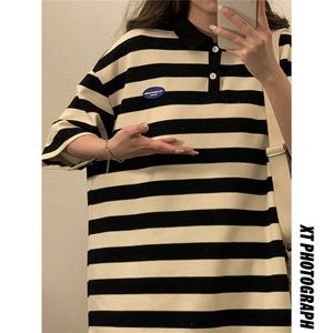 1中性风大码M-5XL美式条纹polo衫女翻领短袖T恤男DP8761P40控59图片