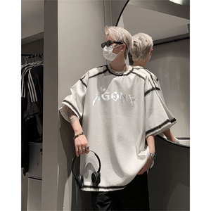 男装丝光棉喷漆短袖T恤2025夏印花五分袖体恤XZ514-2-2024105-P63,肩宽胯宽腰粗女生穿衣搭配图片