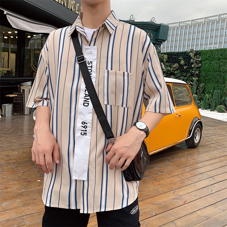 夏季竖条纹短袖衬衫宽松休闲BF风潮流衬衣CS02/,男装衬衫,电商D202