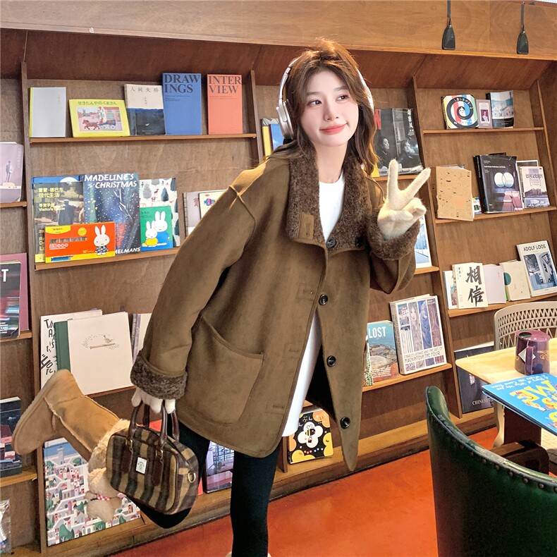 两面穿皮毛一体上衣女冬麂皮绒羊羔毛外套,女装羊羔毛/颗粒绒,2B109