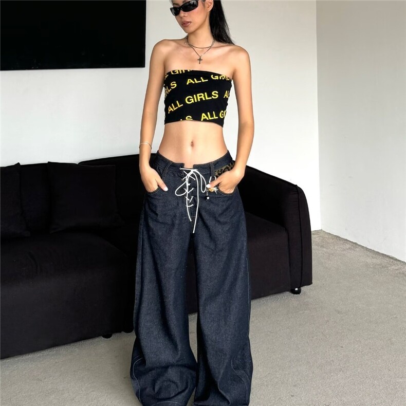 阔腿牛仔裤女2024小众新款美式复古高腰直筒宽松垂感拖地裤图片