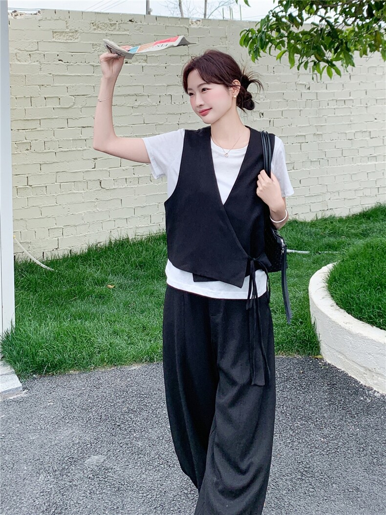 气质轻熟马甲白色T裤子三件套,女装套装/套裙,诺蝶
