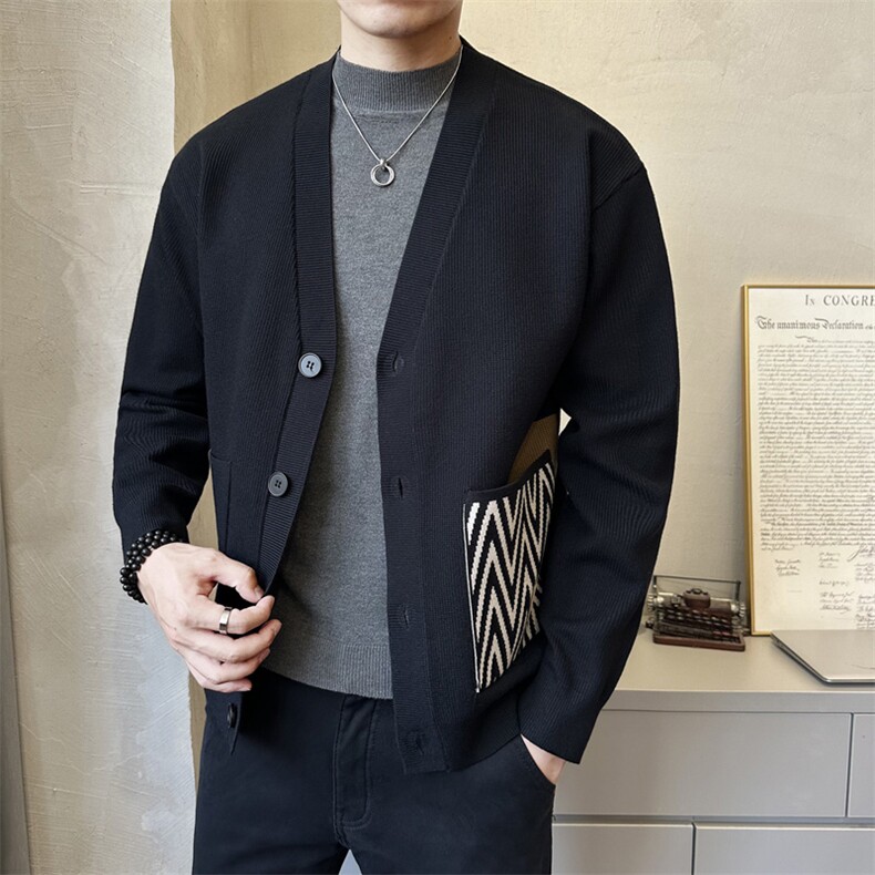 秋季简约休闲V领拼色毛衣开衫时尚休闲男款披肩K5727-P125,男装针织衫/毛衣,电商A237