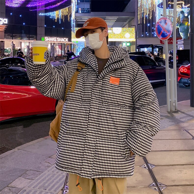 港风2025冬装格子棉衣男棉服连帽面包服棉袄外套3332-P100-控148,男装棉衣,星座207