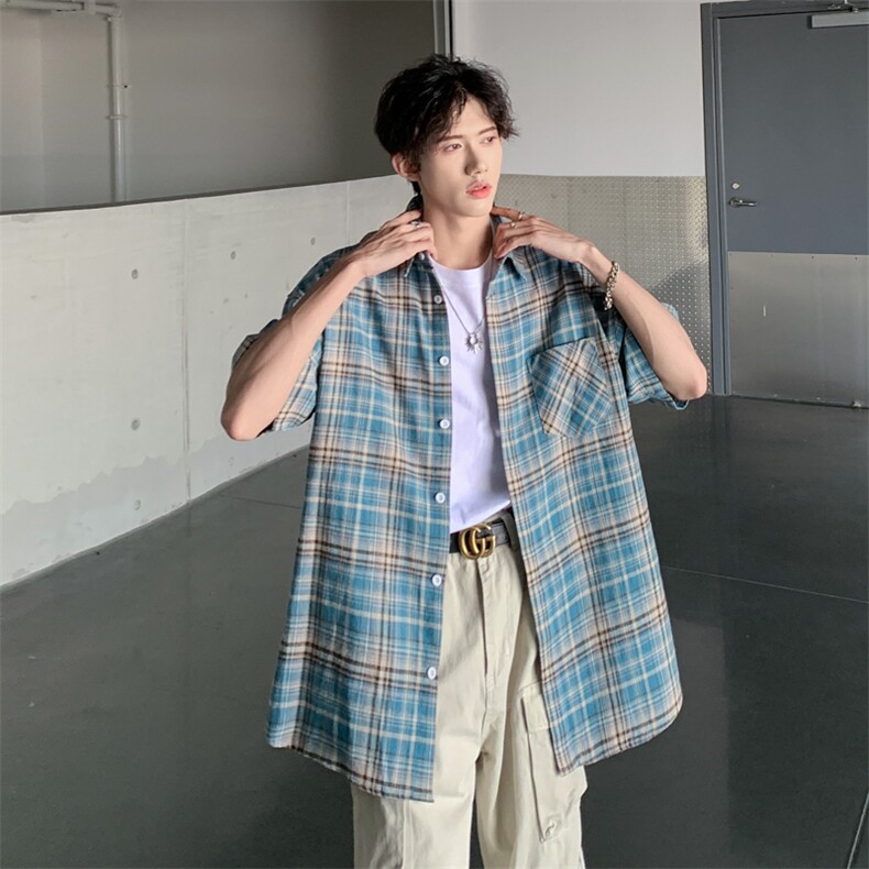 格子衬衫男士短袖港风潮流日系帅气2024夏季新款ins外套CY793-P30图片