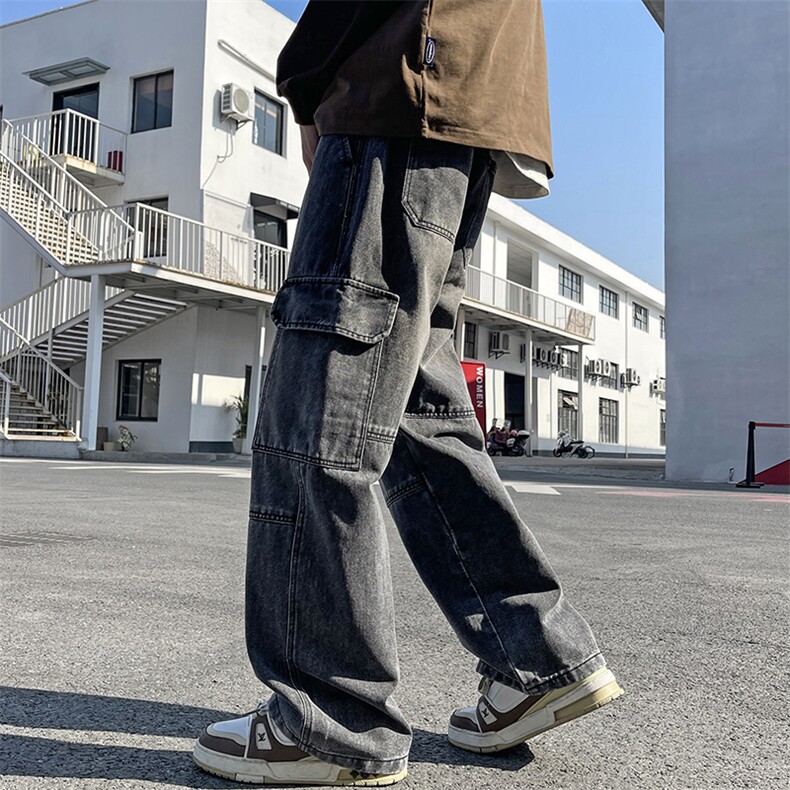 特批P50无差价春夏新款美式复古工装拼接口袋牛仔宽松直筒裤815,男装牛仔裤,星座1006