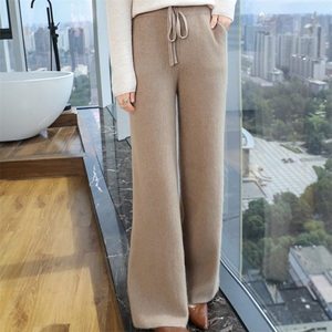 2025秋冬新款貂绒直筒裤女高腰遮肚系绳长款带兜羊绒针织阔腿裤