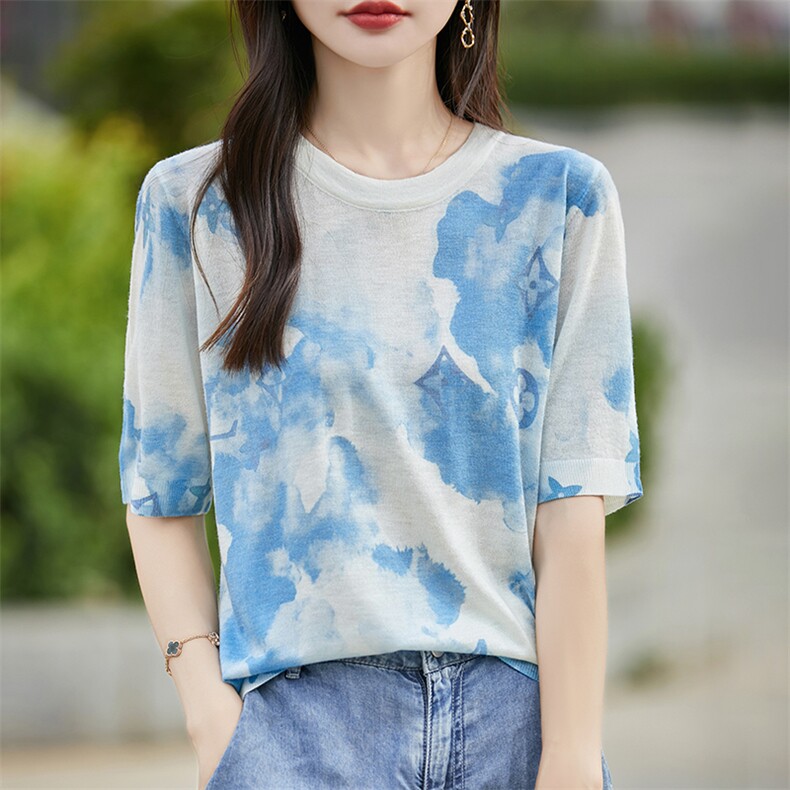 夏新款精纺水溶羊毛半袖女T恤圆领拼色印花短袖针织打底衫上衣薄,女装羊毛衫,暖烁羊绒