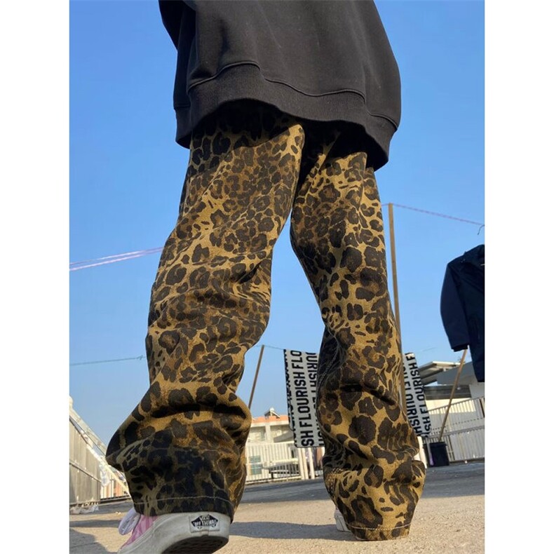 美式复古豹纹牛仔裤男痞帅炸街直筒阔腿裤KZA25-P55图片