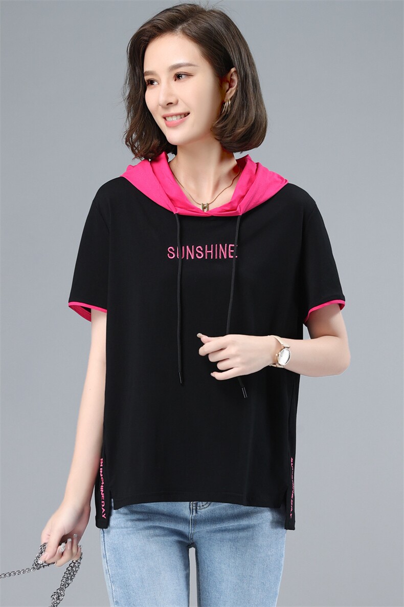 2026新款夏季纯棉连帽短袖t恤女士宽松大码显瘦遮肚正肩上衣，女装T恤，板酷