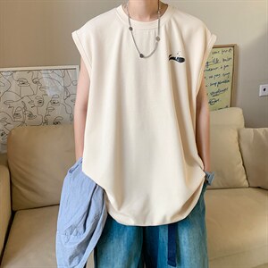 美式重磅无袖T恤男夏季潮牌三本针老头背心oversize篮球短袖汗衫，男装背心/马甲，电商019-1