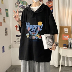 LD54077-P45连帽短袖t恤男大码胖子带帽五分袖中袖海报风，男装T恤，电商A040