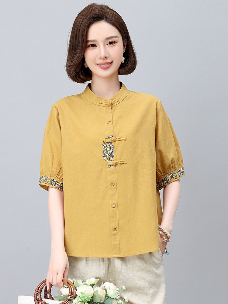 新中式国风刺绣棉麻衬衫女2025年夏季新款妈妈宽松遮肚子亚麻上衣,女装大码女装,依恋蒂丝
