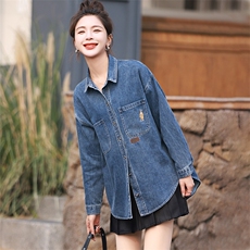欧洲站牛仔衬衫女中长款2024春秋新款韩版宽松小个子衬衣外套上衣，女装衬衫，丽影随形