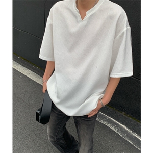 2026夏装V领短袖条纹T恤大码男纹理提花半袖 T8608/特P20 白色5图片