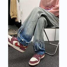 欧美渐变毛边高街牛仔裤男女情侣潮牌设计感小众炸街裤RK1398-P49，男装牛仔裤，星座412-3