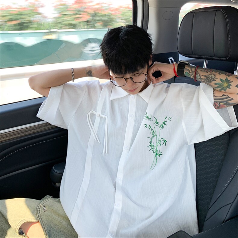 中式复古竹子印花竹节棉垂感短袖袖衬衫CS2411特p42控78抖音控89,男装衬衫,电商B370