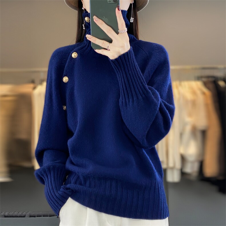 100%羊毛衫女高领纽扣加厚长袖毛衣宽松半开领羊绒衫针织打底上衣图片
