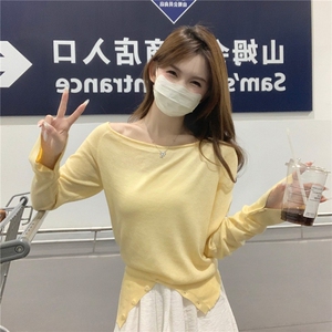 EE038-P55六羊毛长袖毛衣2024设计感纯色露肩短款保暖上衣针织衫图片