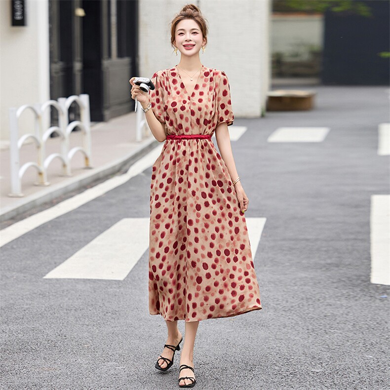波点印花连衣裙女夏季2025新款高端洋气时尚淑女气质减龄法式裙子,女装连衣裙,魅丽静蓝