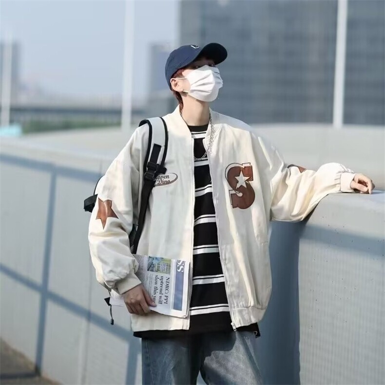 美式复古棒球服棉服外套男春秋季新款飞行员嘻哈潮牌宽松立领夹克,男装夹克,星座1210-1