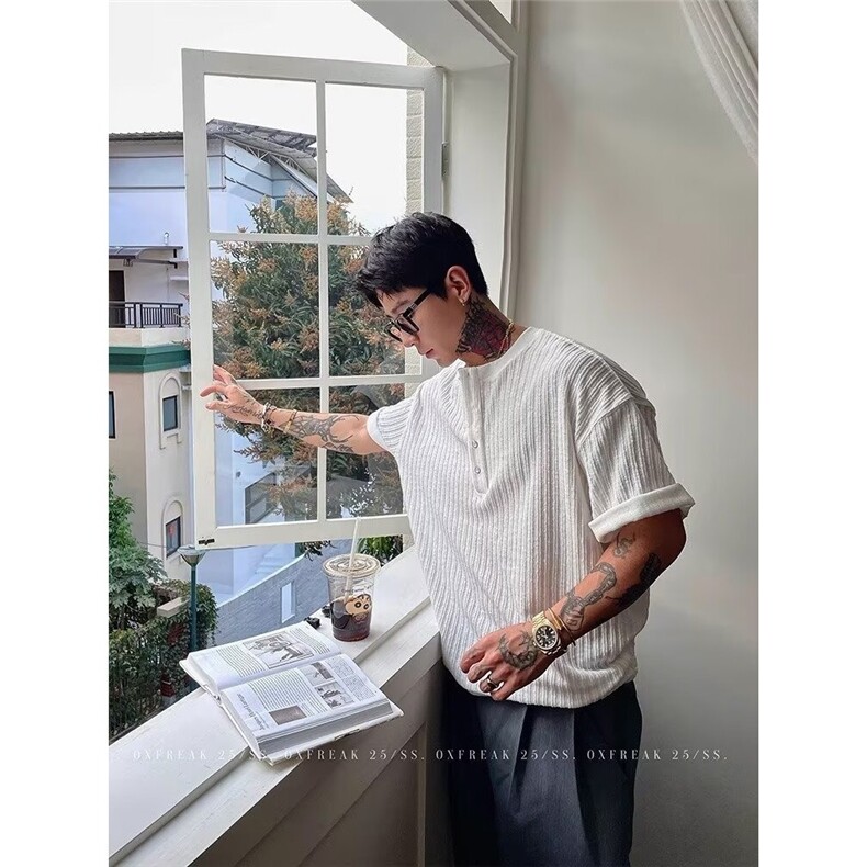 老钱风亨利领短袖t恤男夏季透气肌理感修身V领美式重磅上衣，男装T恤，星座1210-1