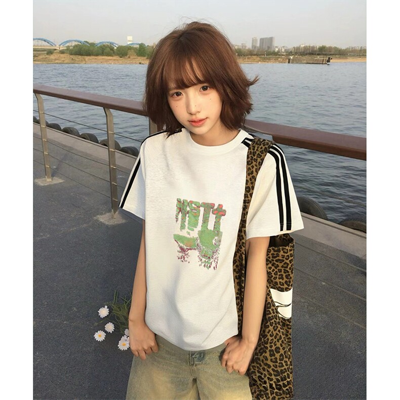 抖音得物高品质二开240克宽松纯棉美式潮牌三条杠织带短袖T恤，男装T恤，电商A486-1