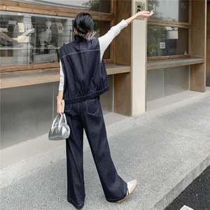 秋季牛仔阔腿裤马甲时尚两件套女图片