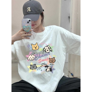 T0718-P25 趣味卡通彩色线条狗纯棉印花短袖 减龄宽松情侣上衣图片