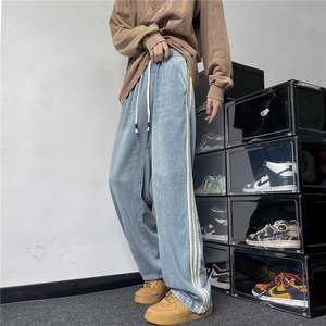潮牌hiphop条纹三杆牛仔裤男高街ins潮流痞帅宽松垂感阔腿老爹裤图片