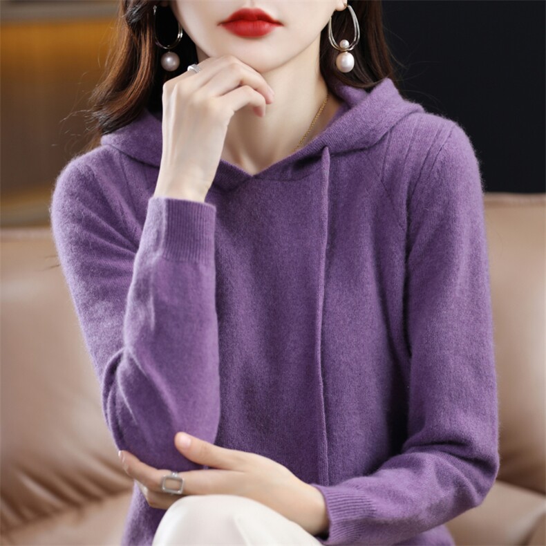 2023春秋新款连帽针织衫女卫衣宽松带帽打底衫加厚百搭毛衣,女装羊毛衫,邓利维