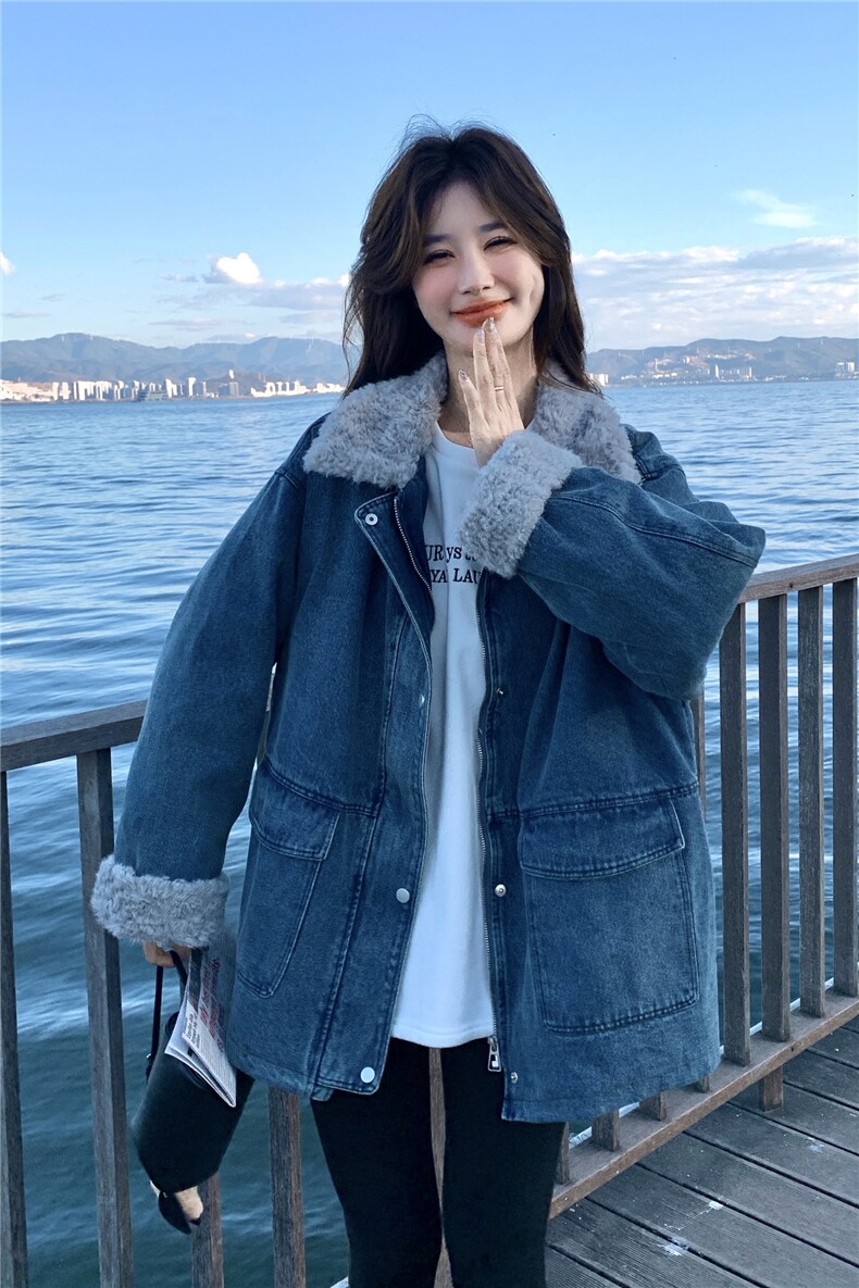 美式蓝色羊羔毛领牛仔外套女2025冬季新款高级感休闲宽松夹克上衣,女装羽绒服,艾米莉亚
