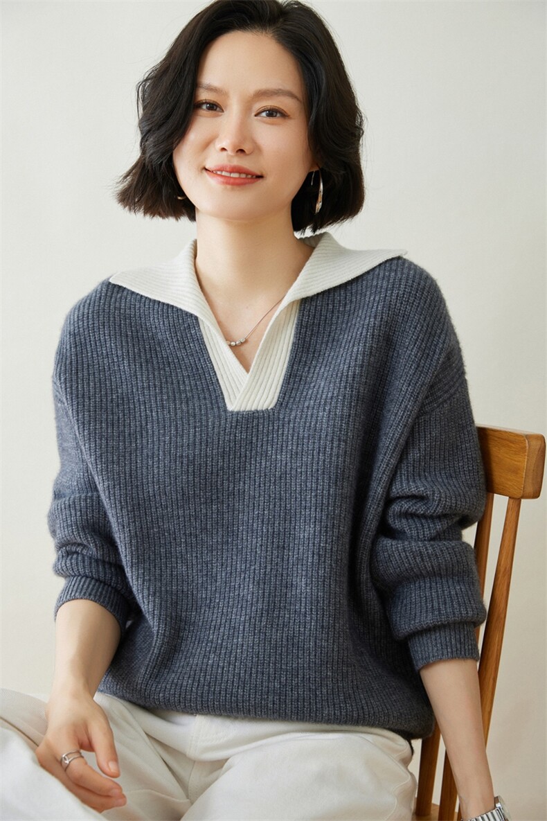 时尚百搭宽松翻领女士羊绒衫舒适保暖显瘦毛衣,女装羊绒衫,迎冬羊绒